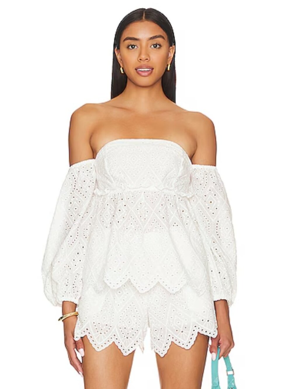 MISA Sera White Cotton Embroidered Eyelet Off Shoulder Blouse, Size XS